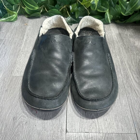 Olukai Moloa Black Leather Wool Lined Slippers Loafers Shoes Men’s Size 11 main image 4